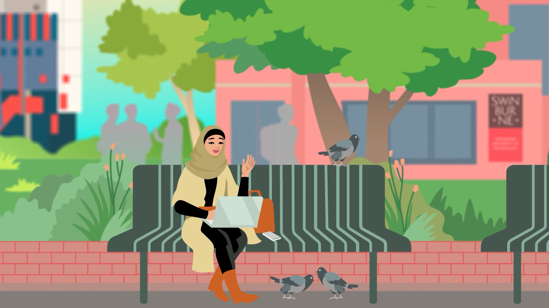 Illustrated frame: a woman in a hijab on a park bench with a laptop, waving, with trees, pigeons and shopfronts behind her